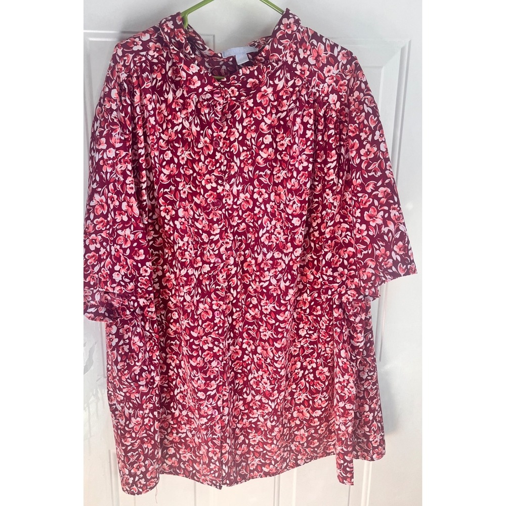 ONLY NECESSITIES Womens Plus Size Burgundy Floral Short Sleeve Button Down Shirt